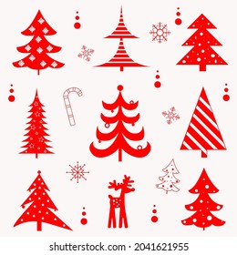 Marry Christmas and Happy new year 2022. Red christmas tree on white background. Set of new year elements