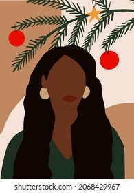 Marry Christmas and Happy New Year  background with Modern minimalist woman portrait and fir tree decorated with ball and stars. Fashion holiday illustration for card, party flyer, invitation, banner.