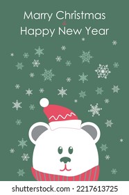 Marry Christmas and Happy New Year greenly vertical card. White smiling bear bear in santa claus hat оn green background with white snowflakes