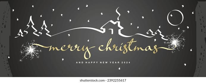 Marry Christmas and Happy New Year 2024 ribbon shape hand calligraphy Christmas winter panorama landscape and snowflakes sparkler firework golden white black background banner. Christmas greeting card