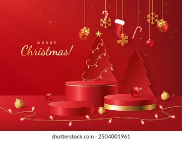 Marry Christmas and Happy New Year holiday background or banner. Realistic vector illustration with red and golden decorative elements.