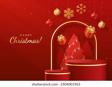 Marry Christmas and Happy New Year holiday background or banner. Realistic vector illustration with red and golden decorative elements.