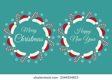 Marry Christmas and Happy New Year lettering Circle Frame border Santa caps, candy and inscription