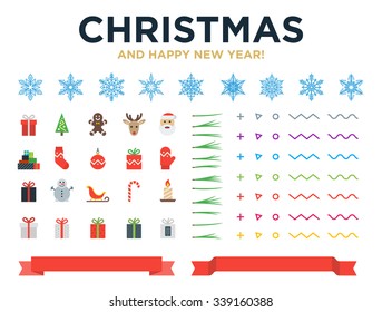 Marry Christmas and Happy New Year modern design vector elements with snowflakes, icons, pine needles, red ribbons for Christmas greeting cards, banners, websites
