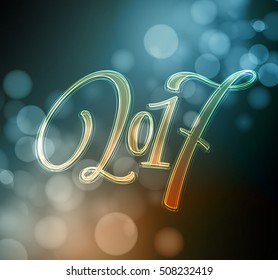 Marry Christmas and Happy New Year 2017 lettering . Christmas vector illustration with realistic bokeh, blured lights background. Greeting card. Vector illustration 2017