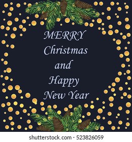 Marry Christmas and Happy New Year card on a blue background.