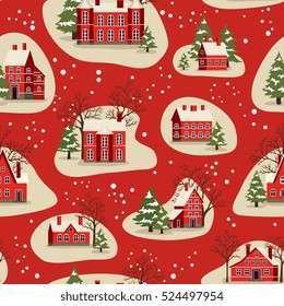 Marry Christmas and Happy New Year seamless pattern vector illustration. Houses in snowfall, rural winter landscape at holiday. Xmas background with red brick christmas houses and snow covered tree