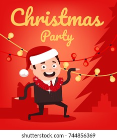 Marry Christmas and Happy New Year happy smiling office worker man character dancing on party. Vector flat cartoon illustration