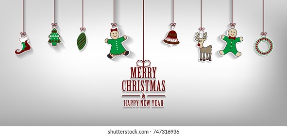 Marry Christmas and Happy New Year greeting card with hanging Christmas elements Vector background