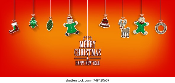 Marry Christmas and Happy New Year greeting card with hanging Christmas elements Vector background