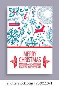 Marry Christmas and Happy New Year postcard with ornament composed of deer silhouette, wild herbs and wonderful snowflakes vector illustration.