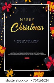 Marry Christmas and Happy New Year poster on dark background with gift boxes. Vector illustration