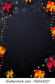 Marry Christmas and Happy New Year poster on dark background with gift boxes. Vector illustration