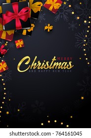 Marry Christmas and Happy New Year poster on dark background with gift boxes. Vector illustration