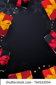Marry Christmas and Happy New Year poster on dark background with gift boxes. Vector illustration