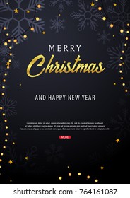 Marry Christmas and Happy New Year poster on dark background. Vector illustration