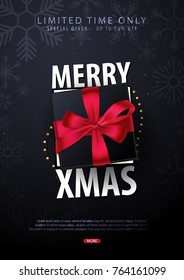Marry Christmas and Happy New Year poster on dark background with gift boxes. Vector illustration