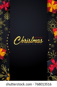 Marry Christmas and Happy New Year poster and banner on dark background with gift boxes. Vector illustration