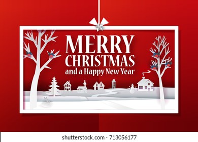 Marry Christmas horisontal paper banner with hand cut paper landscape and text greetings. Happy New Year paper art card with winter house, buildings, fir tree, birds, stars. Vector illustration. Gift