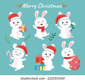 marry Christmas new year 2023 set character with cute rabbit . Animal holidays cartoon character. -Vector 