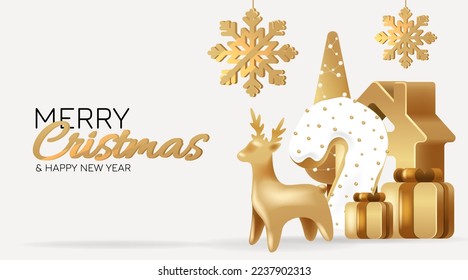 Marry Christmas and New Year banner. Xmas gold tree. Candy cane from cookies, golden gifts box, fawn and snowflake