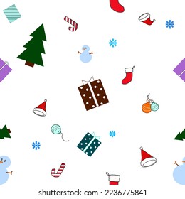 Marry Christmas pattern vector. X'mas day background for printing. Sock ,Giftbox, Christmas tree ,Snow boy , Snowflake and Red had of Santa Claus are component of picture. Christmas background.