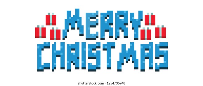 Marry Christmas Pixel Banner with Gifts  on White Background.