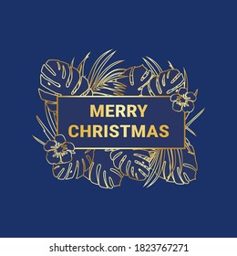 Marry Christmas poster. Abstract Botanical Label. Greeting layout and decor with tropical leaves. Holiday Social Media Post Template