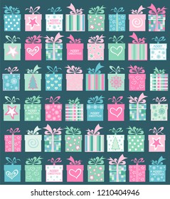 Marry Christmas seamless pattern. Celebration background with gift boxes, Christmas tree, star, snowflake. Can be used for wallpaper, pattern fills, textile, web page background. Vector Illustration