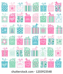 Marry Christmas seamless pattern with gifts. Celebration white background with Christmas gift boxes, Christmas tree, star and place for your text. Vector Illustration