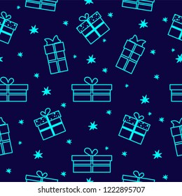 Marry Christmas seamless pattern with gifts. Celebration background with Christmas gift boxes, star. Illustration Seamless pattern with gift boxes