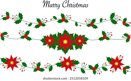 Marry Christmas set. Flowers garland. Vector set. Web illustration. Red flowers. Vector postcard, letter. Holiday greeting.