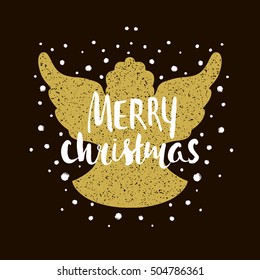 Marry Christmas- Silhouette of a Christmas Angel with unique lettering. Hand drawn design element for Holiday. Christmas vector greeting card.