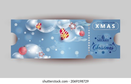Marry christmas text design promotion voucher background with gifts, candys and bubbles. Vector  illustration.  Vector illustration