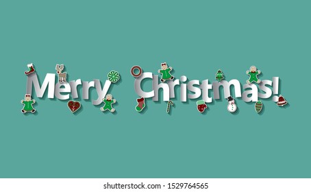 Marry Christmas text greeting card with Christmas ornaments. Xmas gift card Vector background