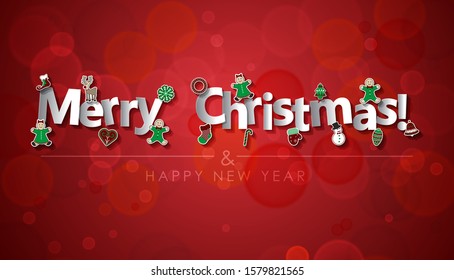 Marry Christmas text greeting card with Christmas ornaments. Xmas gift card Vector background
