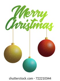 Marry Christmas text with three decoration balls on white background