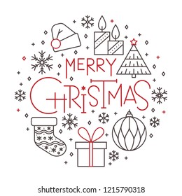 Marry christmas thin line icon set. Holiday outline lettering banner. Winter linear sign Lettering calligraphy composition with snowflake, sock, gift box, christmas tree Flat style vector illustration