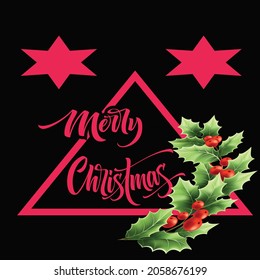 Marry Christmas triangle creation proper font t shirt design with best flowers. Upper two star design.