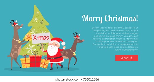 Marry Christmas web banner. Decor and presents with Santa Claus. Deers helpers decorate fir tree. Making presents for children all around world. New Year poster vector illustration in flat style