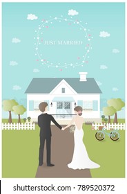 Marry couple moving to a new house, text just married. Celebrate the wedding day with cute couple holding hands. Flat design vector illustration. 