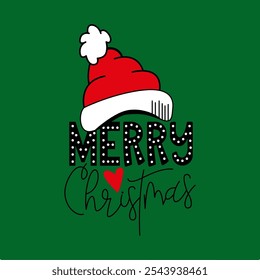 Marry Cristimas with a red Christmas hat above the phrase and dark green background. Vector for silkscreen, dtg, dtf, t-shirts, signs, banners, Subimation Jobs or for any application