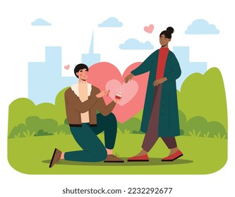 Marry me concept. Man in park gets down on one knee and puts necklace on womans finger. Young couple, bride and groom outdoor. Romantic date, love and feelings. Cartoon flat vector illustration svg