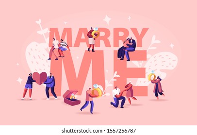 Marry Me Concept. Men Making Romantic Proposal to Women, Giving Engagement Ring Standing on Knee. Love Relationship Marriage and Family Poster Banner Flyer Brochure. Cartoon Flat Vector Illustration