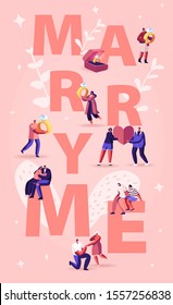 Marry Me Concept. Men Making Romantic Proposal to Women, Giving Engagement Ring Standing on Knee. Love Relationship Marriage and Family Poster Banner Flyer Brochure. Cartoon Flat Vector Illustration