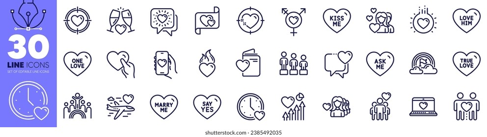 Marry me, Heart and Friendship line icons pack. Love, Kiss me, Dating web icon. Wedding glasses, True love, Heart target pictogram. Couple, Valentine target, Friends chat. Genders. Vector