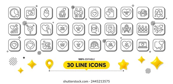 Marry me, Heart and Friendship line icons pack. 3d design elements. Love, Kiss me, Dating web icon. Wedding glasses, True love, Heart target pictogram. Couple, Valentine target, Friends chat. Vector