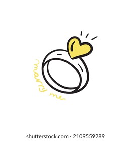 Marry me lettering with ring vector postcard.