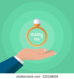 Marry me. Man makes proposal with wedding or engagement ring. Wedding ring icon on the outstretched hand. Jewelry ring with white gem. Luxury diamond ring. Jewels concept. Vector illustration