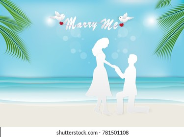 Marry me. Man staying on the knee and making proposal for girlfriend on the beach paper art style, paper craft style illustration background.